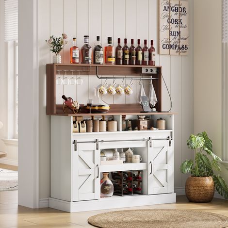Modernluxe - Buffet de cuisine 120x40x130cm avec USB et prise, casier à vin et 2 portes coulissantes, style campagnard - blanc (1/5)