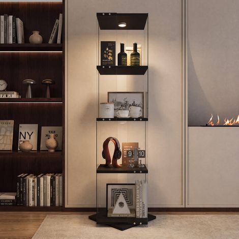 Vitrine rotative 360° en verre trempé pour collection, sur pied à 4 étagères, éclairage LED, 38x38x160cm, pour salon, chambre et bureau, noir (1/5)