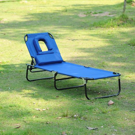 Lettino prendisole pieghevole in tessuto Oxford blu con telaio in acciaio, schienale regolabile e foro lettura 190x56x28 cm (1/5)