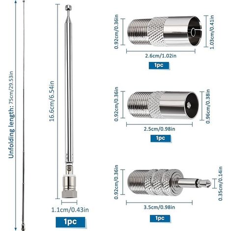 75cm 7-Section Antenne Télescopique FM 75 Ohm, FM Antenne Radio Antenne Chaine HiFi pour Mini-Récepteur, Récepteur Dab AM FM 75 Ohm, Compatible avec Denon, Roberts, Marantz, Yamaha (1/5)