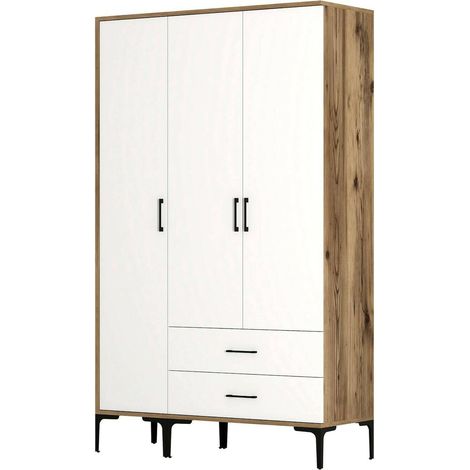 Dmora - Guardaroba 3 ante Albireo, Mobile camera da letto, Cabina armadio portabiti, Armadio appendiabiti, 120x201h48 cm, Noce e Bianco, con imballo rinforzato, con imballo rinforzato