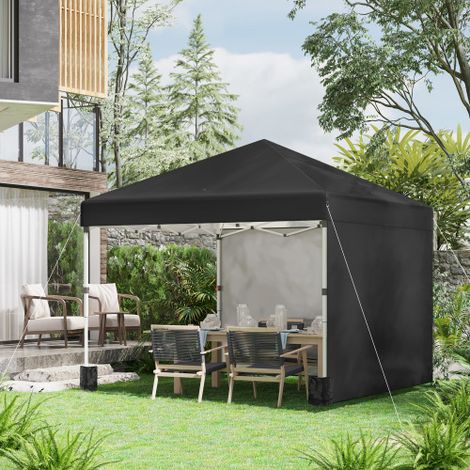 Pavillon pliant 2,97 x 2,97 m avec protection contre les UV et parois latérales, Tente de fête avec sac de sable, Tente pop-up pour terrasse en acier en noir (1/5)