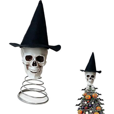 Gothic Metal Spring Skull Tree Topper with Cowboy Hat for Halloween Decor (1/4)