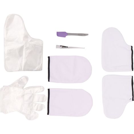 Ensemble de gants de cire, pinceau transparent, petite spatule violette, gant en tissu blanc, couvre-pieds, kit de soin spa (1/5)