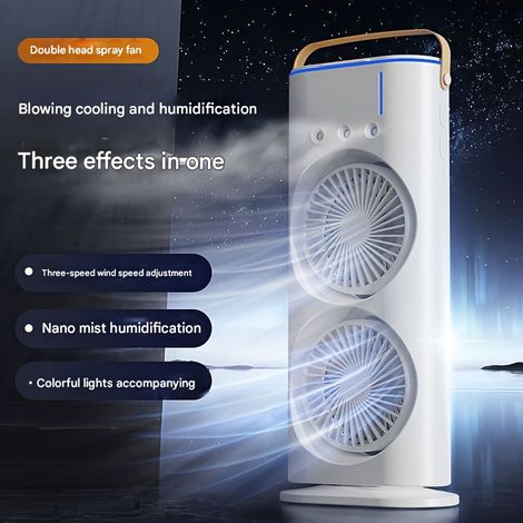 1 ventilateur double tête, brumisateur d'air, LED RGB, 3 vitesses, batterie rechargeable, USB-C, pour chambre bureau extérieur (1/5)