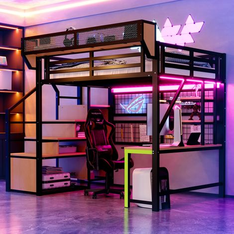 Cama alta con escritorio y almacenaje LED negra OKMYHOME (1/5)