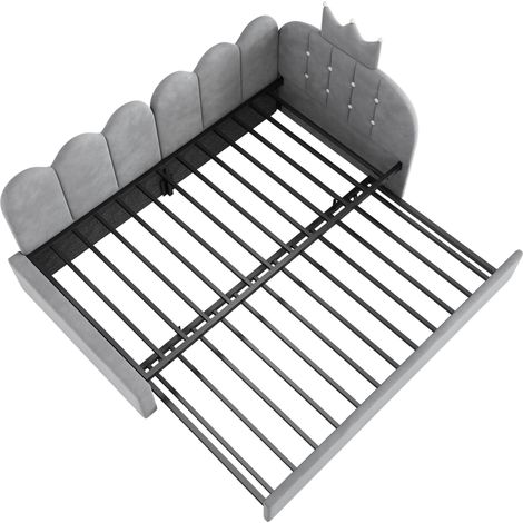 Cama nido infantil de terciopelo gris 90x200 cm con cama cajón y diseño corona (1/5)