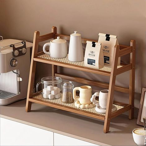 Étagère rangement multifonction 2 niveaux bambou Nan brun thé, support à mugs plateau rotin plastique 39×18×29cm comptoir cuisine (1/5)