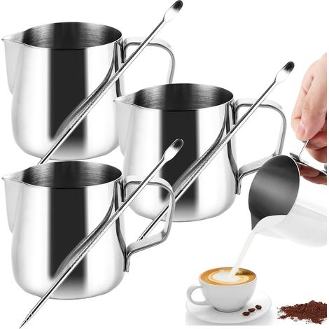 Lot de 3 Pichet à lait,Acier inoxydable 304,Échelle de mesure,Stylo latte art,Cappuccino expresso (1/5)
