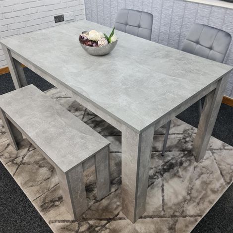 Dining Table and 2 Chairs With Bench Stone Grey Effect Wood Table 2 Grey Velvet Chairs Dining Room (1/5)
