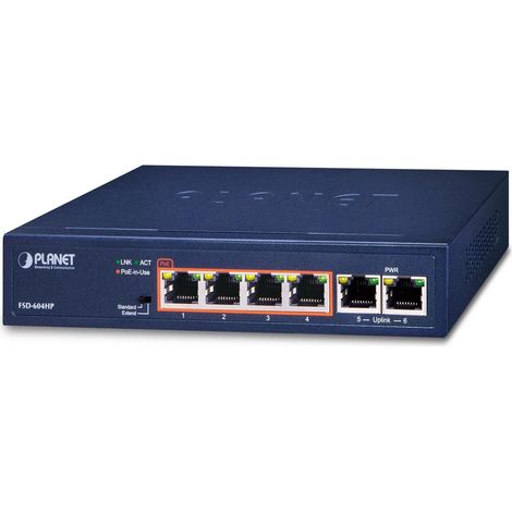 PLANET Technology Planet FSD-604HP - Non-géré - Fast Ethernet (10/100) - Full duplex - Connexion Ethernet - supportant l'alimentation via ce port (PoE) (FSD-604HP)