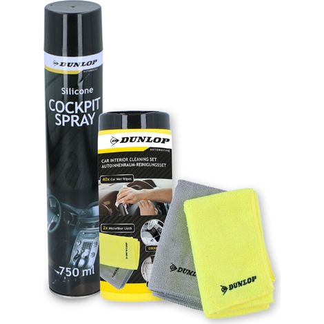 Pack Chiffon Microfibre 35x40cm 300gsm et Spray Cockpit 750ml DUNLOP - Nettoyant Protecteur Intérieur, Parfum Neutre Auto