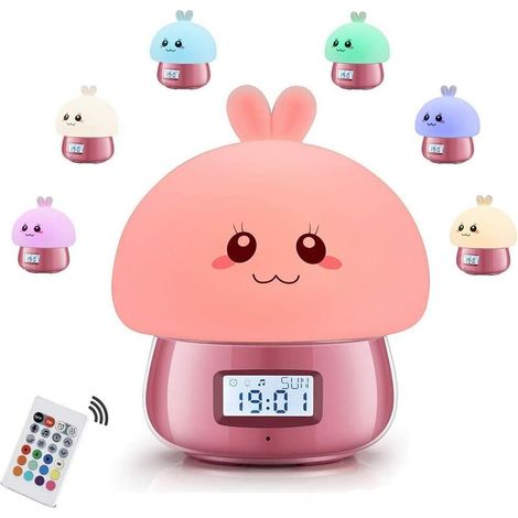 Réveil Enfant Fille Réveil Lumineux Wake Up Light DIY Enregistrement 11 Sons Naturels 7 Couleurs Veilleuse Enregistrement Vocal Rose Bonbon (1/5)