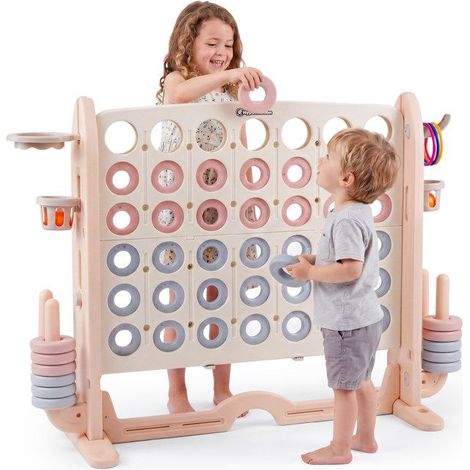 4-in-1 Spielzentrum aus PEHD, Vier Gewinnt, Basketballringe und Golf, Maße 109x41cm, Beige-Grau