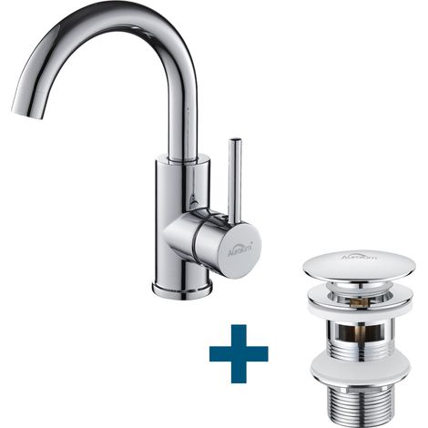 Auralum Badarmatur 360° Drehbar Waschtischarmatur Badwasserhahn + Siphon mit POP UP Ablaufgarnitur mit Überlauf, Chrom (1/5)