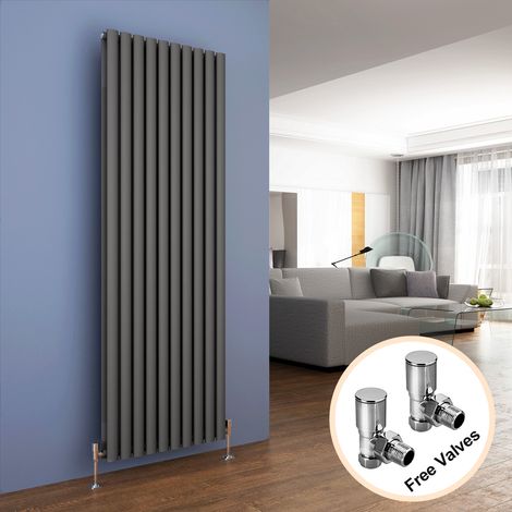 ELEGANT 1800 x 590 mm Anthracite Vertical Column Radiator Double Oval Panel Designer High Heat Output Radiator + Angled Radiator Valves (1/5)