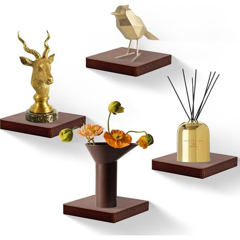 15,3 x 15,3 cm Étagères Flottantes Carrées en Bois, Mini Étagère Murale au Style Compact pour Petits Objets, Décoration Murale Suspendue, Set de 4 (Noyer Foncé)