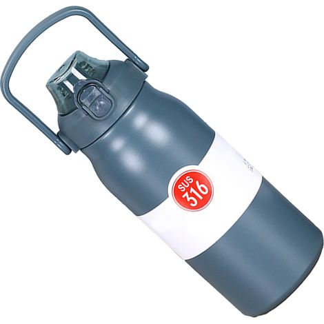 1000 ml Edelstahl-Sport-Trinkflasche, großes Fassungsvermögen, tragbare Isolierflasche mit Griff und Strohhalm für Outdoor-Aktivitäten, Pfauenblau, 1000 ml (1/5)
