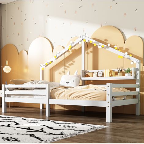 Kinderbett Hausbett 90/200 cm weiß aus Kiefer mit Bücherregal und Absturzsicherung (1/5)