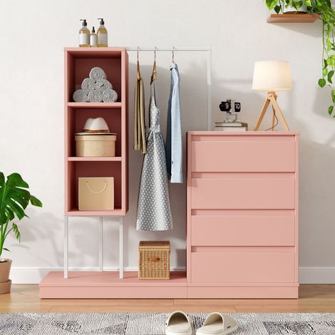 Armoire à tiroirs, ensemble armoire, armoire rose, buffet, penderie, dimensions : L 140 cm x l 40 cm x H 135 cm, rose