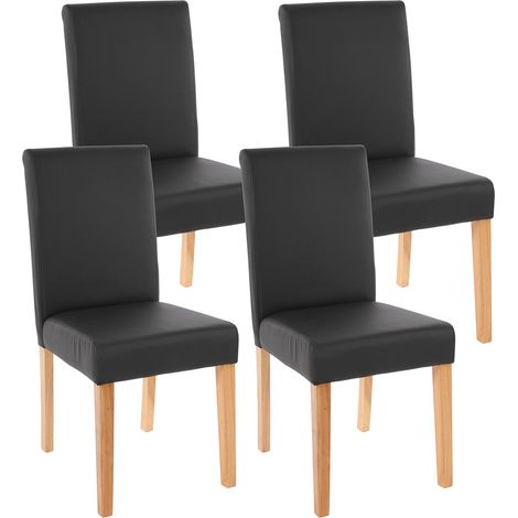 HHG – Lot de 4 chaises de séjour en simili-cuir noir mat – Dossier haut rembourré – Pieds en bois massif laqué – Hauteur d'assise 45cm (1/5)