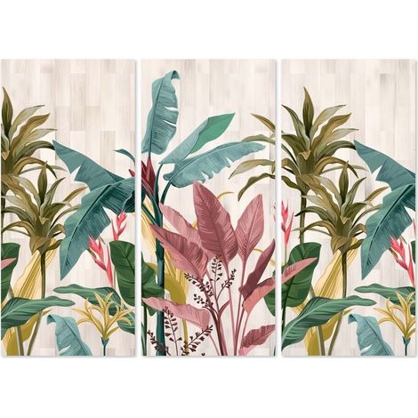 Lupia - GRANDE QUADRO Moderno 3 Pezzi Stampa su Tela 100x150 cm Trittico BANANA LEAVES Foglie Banano per Soggiorno, Camera, Ufficio Decorazioni Parete Tela PVC, Legno (1/4)