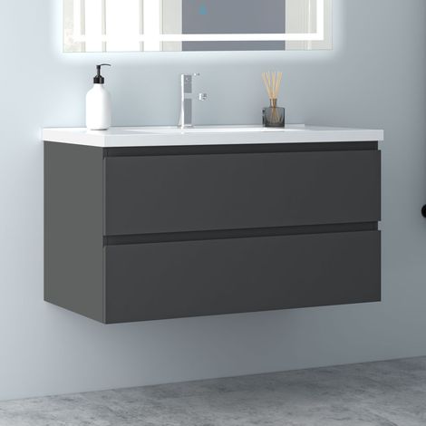 100 cm Badmöbel Set Unterschrank 2 Schubladen soft close Badezimmermöbel Selbstmontierter mit Weiß keramik waschtisch Unterschrank mit Anthrazit Matt (1/5)