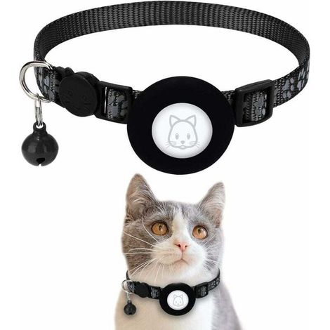 Airtag Apple Air Tag Collier pour chat avec boucle de sécurité et cloche, collier réfléchissant pour chat de 1 cm de large avec support Airtag pour chats, chiots, chatons (noir)