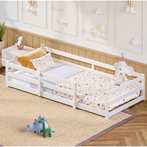 Lit enfant Montessori 90 x 200 cm avec barrière, en pin blanc DESVIAE (1/5)