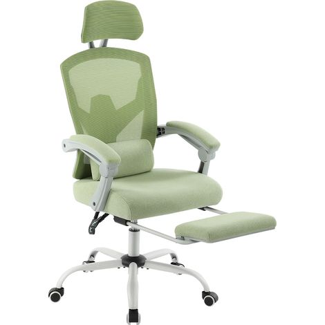 Ergonomique inclinable à dossier haut maille salon chaise de jeu à bascule bureau d'ordinateur pivotant roulant soutien lombaire oreiller-Vert (1/5)