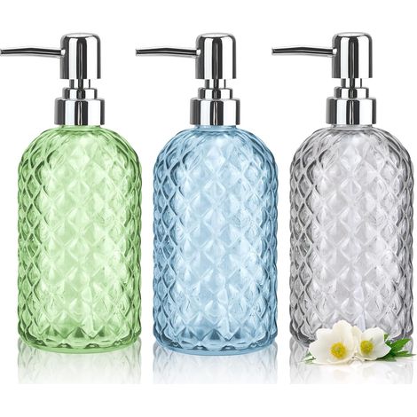 Sollbry Lot de 3 distributeurs de savon en verre transparent de 400ml avec pompe en plastique antirouille, distributeur de savon liquide rechargeable,Vert &bleu& gris (1/5)