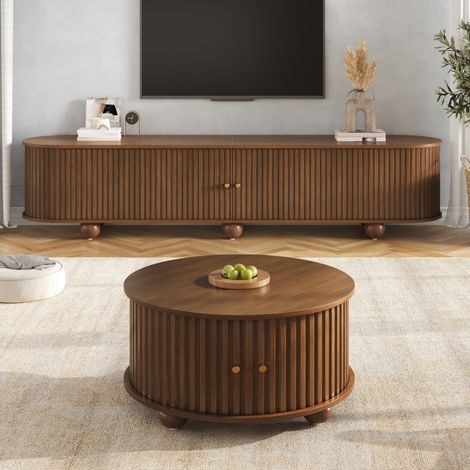 Conjunto de mesa de centro redonda y mueble para TV, 180 x 35 x 45 cm + 72 x 72 x 38 cm, MDF, almacenamiento - nogal (1/5)