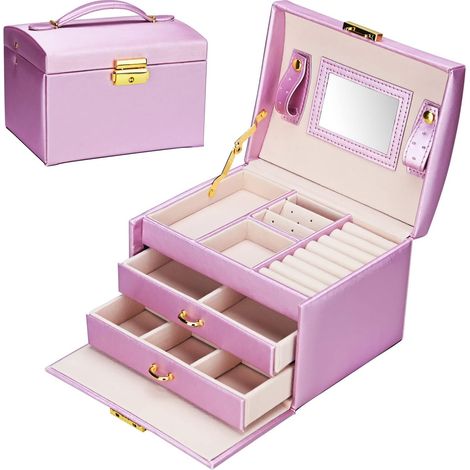Boîte à bijoux en cuir pour femme avec miroir pour boucles d'oreilles, colliers, bagues, cadeau de Noël, fête des mères, anniversaire(Violet)