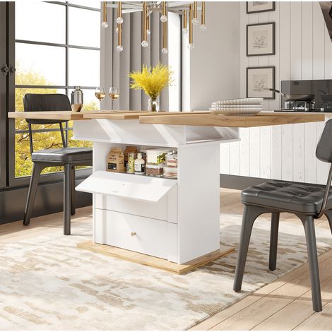 Mesa extensible 110-140 x 80 cm, para 4 a 6 personas, MDF y metal, blanca DESVIAE (1/5)