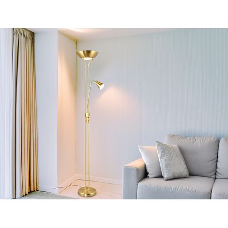 Klassischer LED Deckenfluter mit Leselampe in Messing matt, Höhe 181,5cm (1/5)