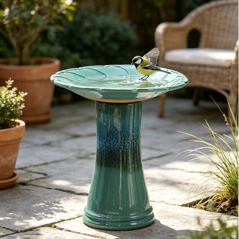 Bain d'oiseaux Ø43x45 cm en céramique turquoise, avec pied, pour jardin et terrasse FloraGrace (1/5)