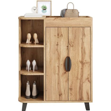 Meuble à Chaussures 80 x 32 x 99 cm Double Porte Étagères Ouvertes Aspect Bois Petit Format Compartiment Supérieur (1/5)