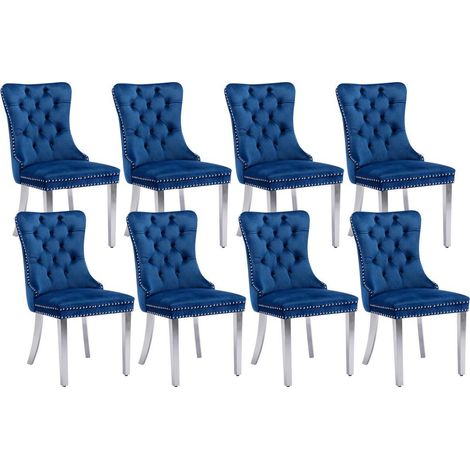 Lot de 8 chaises de salle à manger bleues en velours capitonné, pieds inox argentés (1/5)