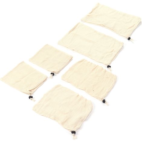 Lot de 6 sacs de rangement à cordon en coton et maille pour déchets alimentaires, avec poche à cordon en maille sur un seul côté. (1/5)