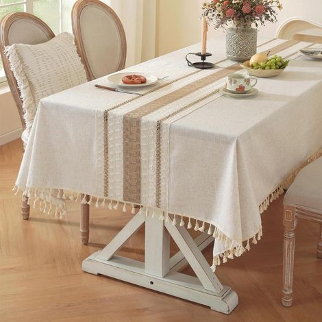 Nappe rectangulaire en coton-lin avec franges et broderies, 140x220 cm, Marron