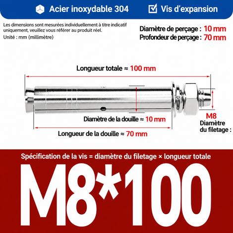 Goujon d'ancrage à expansion M8x100 mm inox 304 lot de 5 pièces perçage 10 mm m8 100 5 pièces 1 kg – Livraison gratuite