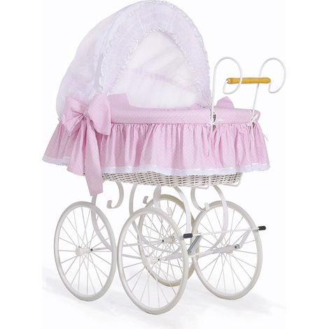 Moisés de mimbre retro Christine con capota plegable - Blanco + Ropa de cama de encaje rosa (1/4)