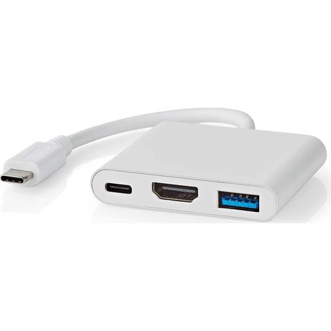 Adaptador USB multipuerto  USB 3.2 generación 1  USB-C™ macho  Salida HDMI™ / USB-A hembra / USB-C™ hembra  5 Gbps  0,10m  Redondo  Niquelado  PVC  Blanco  Caja