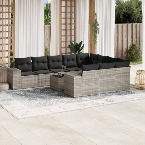 Set de sofás de jardín 11 pzas y cojines ratán sintético gris vidaXL (1/3)