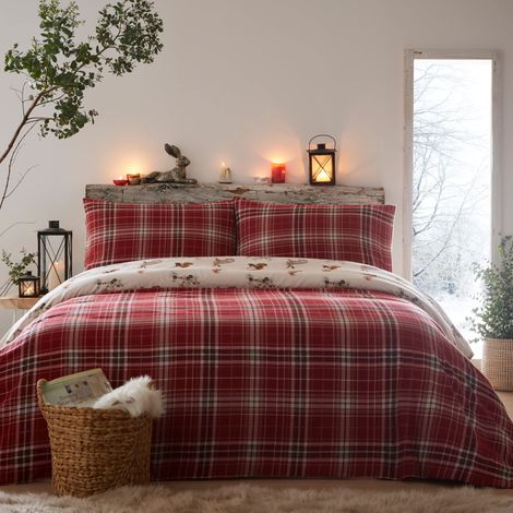 Housse de Couette en Flanelle Rouge et Animaux des Bois - 200 x 200 cm - 2 taies d'oreiller - 100% Coton brossé Doux - Housse de Couette Renard, Lapin et Oiseau en Naturel (1/5)
