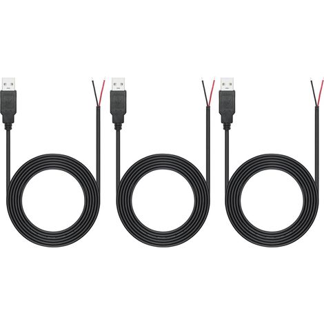 3 Pièces Queue de cochon USB de 2 M, câble USB 2.0 à 2 fils 22AWG, extrémité ouverte à fil nu à 2 broches, câble USB mâle de 2 mètres, câble d'alimentation à prise USB 12V 3A (1/5)