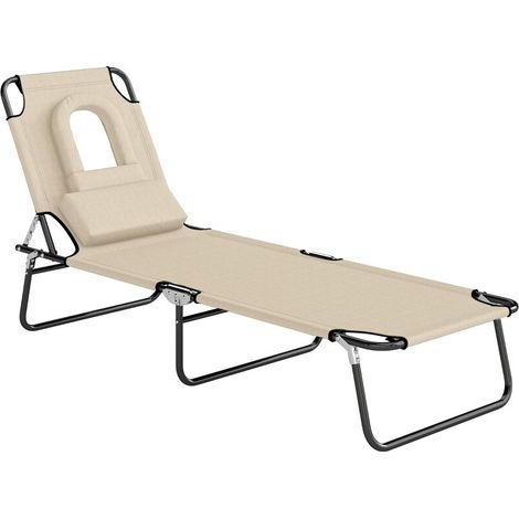 Transat avec ouverture pour le visage et coussin, pliable, housse déperlante, structure en métal, beige