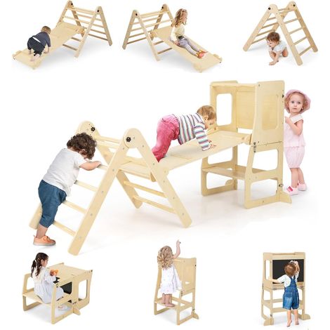 7 en 1 Toboggan - GOPLUS - Triangle d'escalade Montesorri, Escabeau Convertible, Tableau Noir, Table,Chaise,pour 3-14Ans, Naturel (1/5)