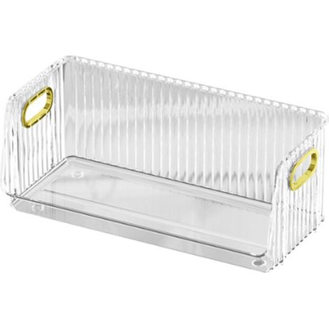 Transparenter PET-Schreibtischorganizer, moderne und elegante Aufbewahrungsbox für Make-up und Tassen, stapelbar und goldfarben. (1/4)