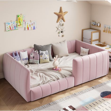 Letto a piattaforma imbottito in MDF rosa, 90x200 cm, con sponde di sicurezza e base a doghe. (1/5)